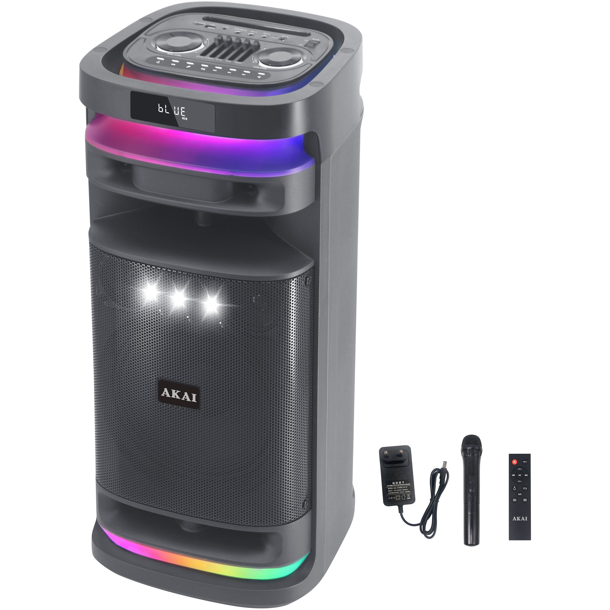 Boxa activa portabila Akai SONIC X12, 100W, Bluetooth, FM, TWS, Microfon wireless, Display LED, Negru