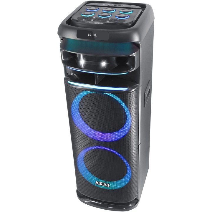 Преносима активна тонколона Akai PARTY SPEAKER 1200, 100W, Bluetooth, FM, TWS, Безжичен микрофон, LED дисплей, Черен