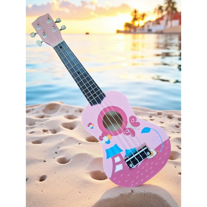 Vision XXI Klasszikus Fagitár, Rózsaszín Rajzokkal, 4 Húr, 54cm