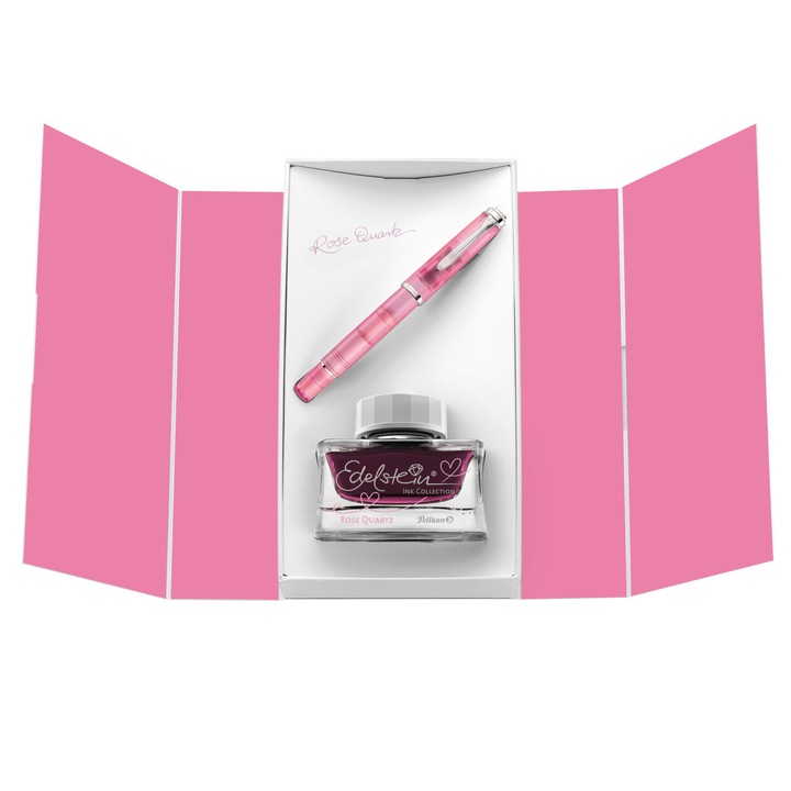 Stilou Classic Pelikan, M205 F Cu Piston, Penita Din Otel Inoxidabil Accesorii Argintii, Corp Rose Quartz + Calimara Cerneala Edelstein Rose Quartz In