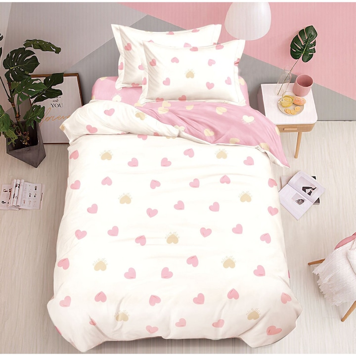 Set lenjerie 1 Persoana, Lenjerie copii, Pucioasa, Finet/Bumbac, 4 piese, Cearceaf de pat 160x220 cm, Cearceaf pilota cu Doua Fete 155x200 cm, 2 fete de perna 55 x 75 cm, Unt/Roz Pal, Model Inimioare, Y60-37