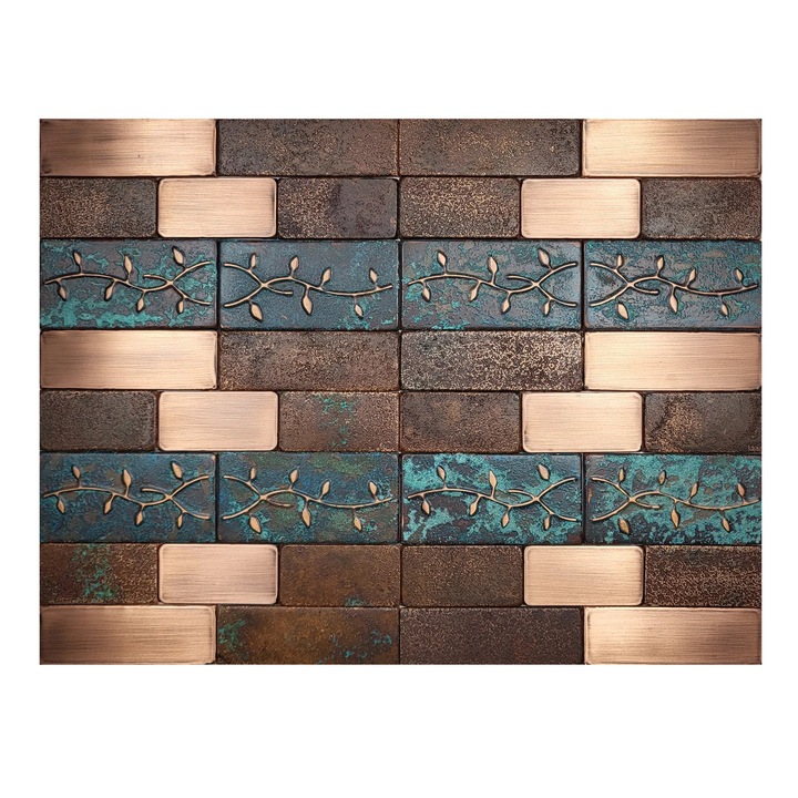 Placi Decorative din Cupru pentru Protectie Perete Bucatarie 60 × 45 cm – Set 38 Piese Patinate Handmade – Decor Metalic Rustic pentru Interior