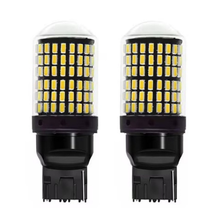 Set 2 becuri auto led T20 7440/W21W/WY21W, 144LED SMD, CANBUS, pentru Frana, Pozitie spate, Semnal, Marsarier sau Lumini de zi, Instalare usoara, durata de viata extinsa pana la 55.000 de ore, AjieQaQ, Alb