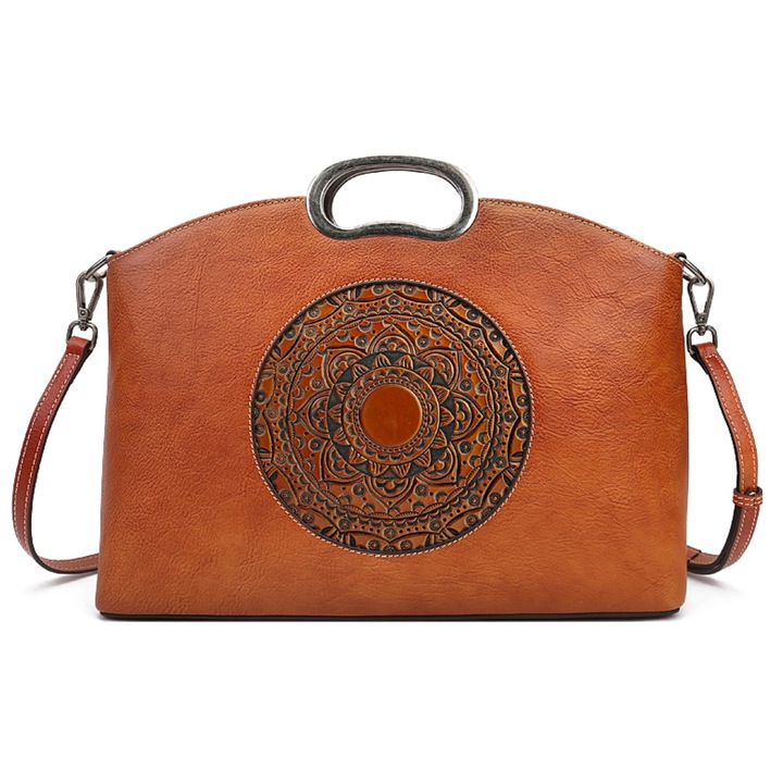 Geanta dama eleganta din piele naturala, Boutique Deluxe, model totem in relief, 2 manere fixe, curea reglabila, spatioasa, maro cognac