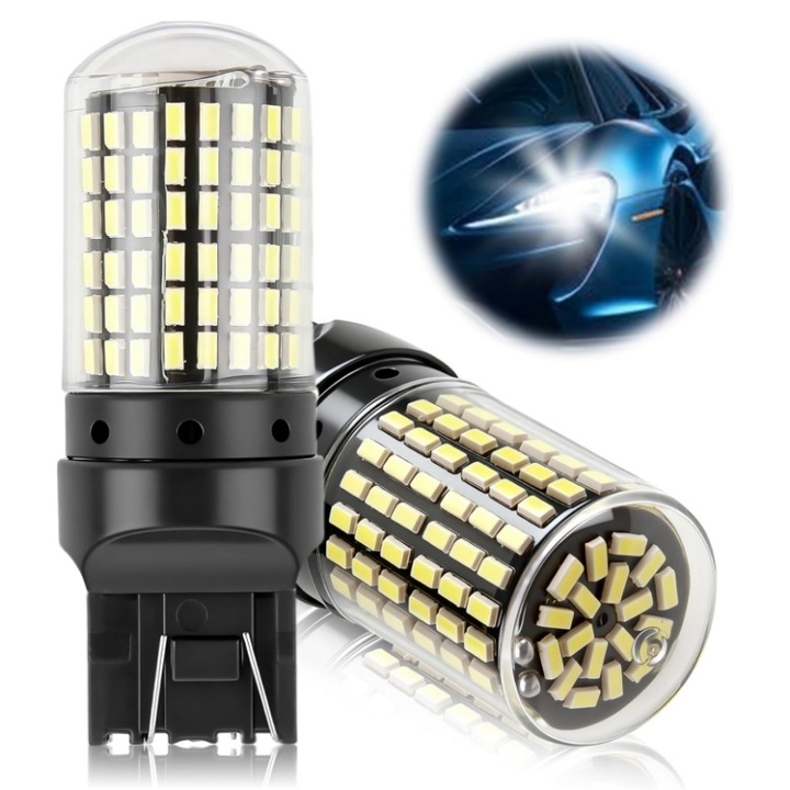 Комплект 2 LED крушки за кола AjieQaQ T20 7443/W21/5W, 144 LED диода, бяла светлина 6000K, лесен монтаж