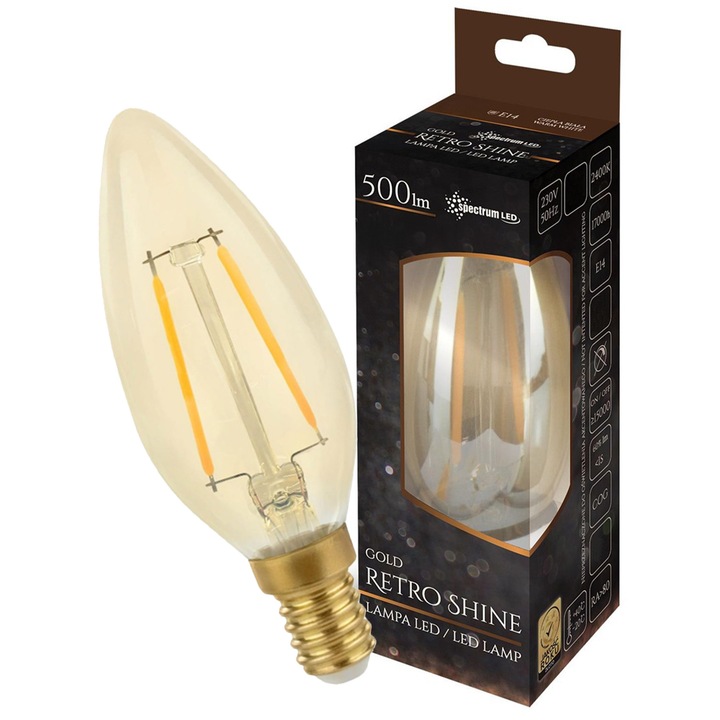 LED крушка тип свещ E14 4,9W COG, топла светлина WW Retroshine златист WOJ+14458_4.9W SPECTRUM LED