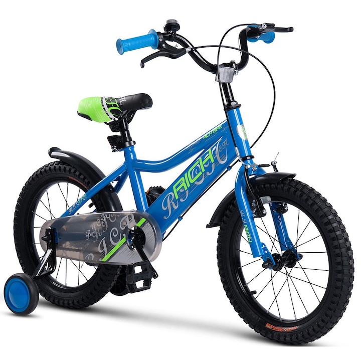 ERBR1605A MTB gyermek kerékpár 16"-os kerekekkel, első V-fék/hátsó dobfék, segédkerekek, sárvédők, kék/zöld, Rich Baby Kids Bike 4/6 éves gyermekeknek Új Generáció