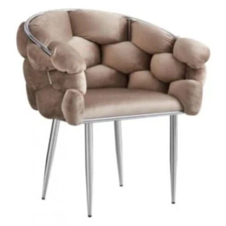 Set 2 Scaune Dining/Bucatarie Premium, Scaun Modern, Cadru Metalic Solid Cu Finisaj Crom, Tapiterie Moale Din Catifea, Scaun Cu Spatar Ergonomic Pentru Confort Sporit, Sezut Captusit Si Stabil, Design Elegant Pentru Living Sau Bucatarie, Bej