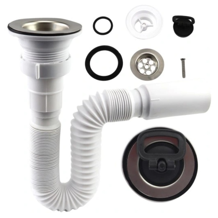 Sifon flexibil pentru chiuveta bucatarie 40 mm MERFLOW, racord 1 1/2", cu dop si teava extensibila 33–80 cm, scurgere universala
