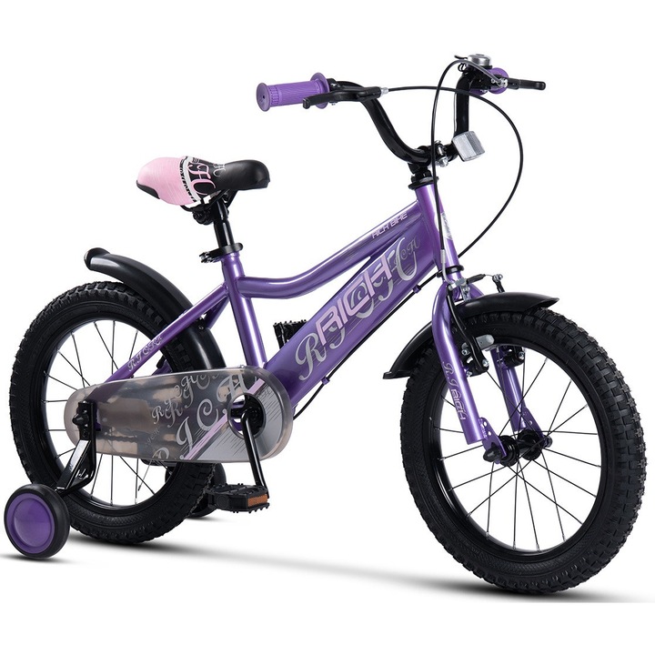 MTB kerékpár ERBR1605A gyerekeknek, 16"-os kerekekkel, első-V-fék/hátsó-dobfék, segédkerekek, sárvédők, lila/rózsaszín, Rich Baby Kids Bike 4/6 éves korig, új generáció