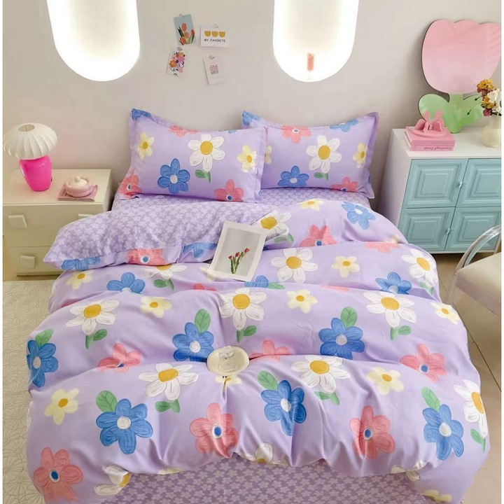 Set lenjerie de pat, Pucioasa, Finet floral, Lila/Multicolor, 140x200cm, 155x200cm, 55x75cm, 50x50cm