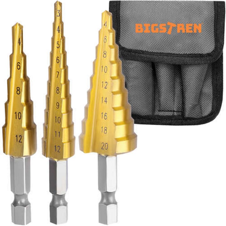 Set 3 burghie conice in trepte Macvi®, otel HSS cu acoperire titan, tije 6 mm, dimensiuni 4-12 mm, 3-12 mm, 4-20 mm, cutie depozitare inclusa, rezistente si durabile