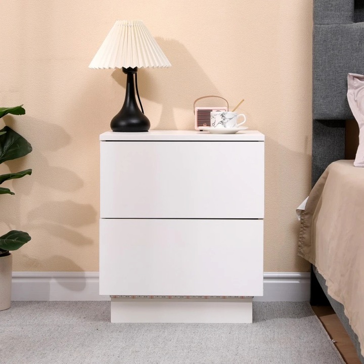 Noptiera Moderna, impansan, 2 Sertare, Iluminare LED cu Telecomanda, Alb, 45x35x52 cm