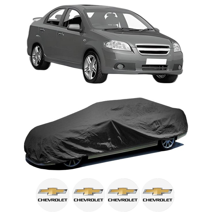 Husa tip prelata auto pentru CHEVROLET AVEO / KALOS Hatchback (T250, T255) din 2006-2012, Culoare Negru, material textil impermeabil, rezistanta la intemperii praf UV, CARPASSION Husa Protectie, 4 Stickere auto cu CHEVROLET