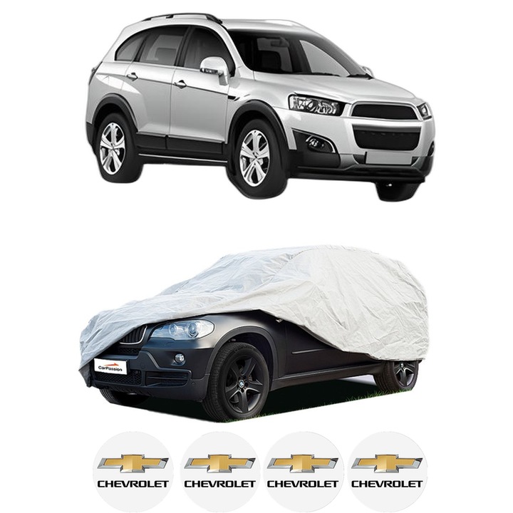 Husa tip prelata auto pentru CHEVROLET CAPTIVA (C100, C140) din 2006-2018, Culoare Gri, material textil impermeabil, rezistanta la intemperii praf UV, CARPASSION Husa Protectie, 4 Stickere auto cu CHEVROLET