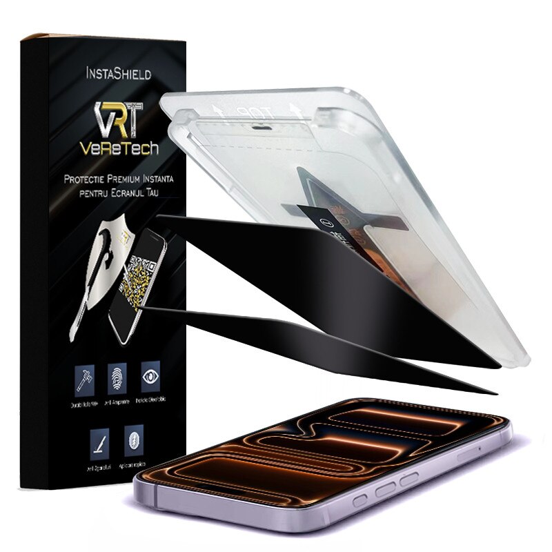 Folie de Protectie Privacy, InstaShield by VeReTech pentru iPhone 17 Pro Max, cu Kit de Aplicare Instanta si Functie Automata de Indepartare a Prafului, din Sticla Securizata 9H+, Claritate Super HD, Tratament Electronic Oleofobic si Anti Amprente