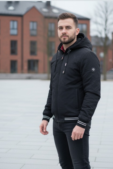 Férfi nagyméretű vízálló dzseki, levehető kapucnival, zsebekkel, cipzárral, fekete 7992-1 11709, Fekete