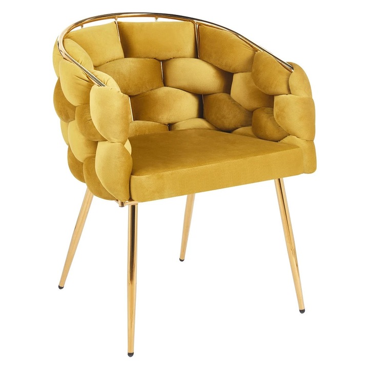 Scaun dining Topscaune Premium, cadru metalic auriu, tapiterie catifea galben mustar, 67x60x80cm