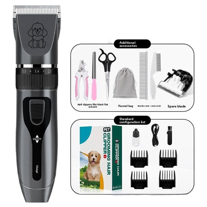 Машинка за Подстригване на Домашни Любимци, Тиха, Безжична, 1500mAh, 7000RPM, 2 Скорости, с Керамично Острие и LED Дисплей, За Кучета и Котки, Пълен Комплект с Аксесоари