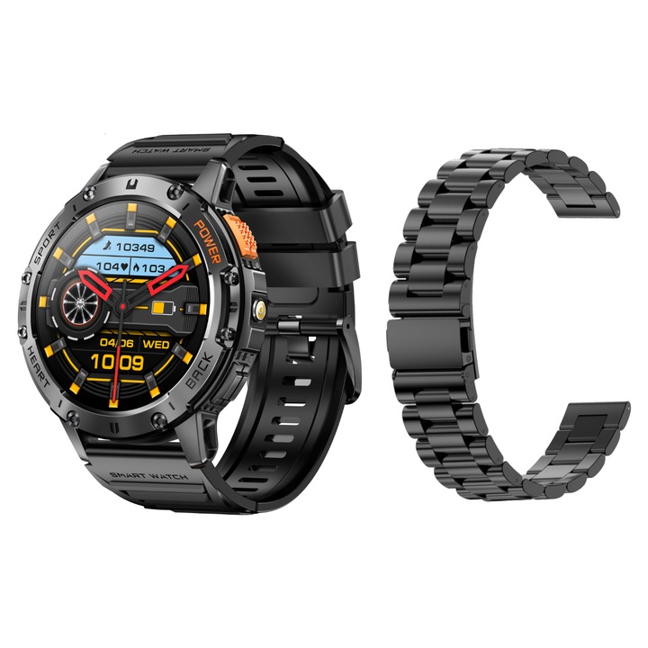 Ceas smartwatch GlacierX Lunar Black + bratara din otel, Notificari/Sms/Social Media, monitorizare activitati fizice, somn, ritm cardiac, pedometru, player muzica, rezistent la apa, negru