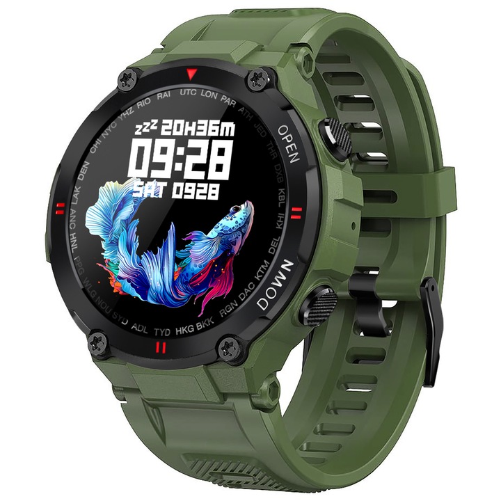 Ceas smartwatch GlacierX Faron Green, Notificari/Sms/Social Media, monitorizare activitati fizice, somn, ritm cardiac, pedometru, player muzica, rezistent la apa, Verde