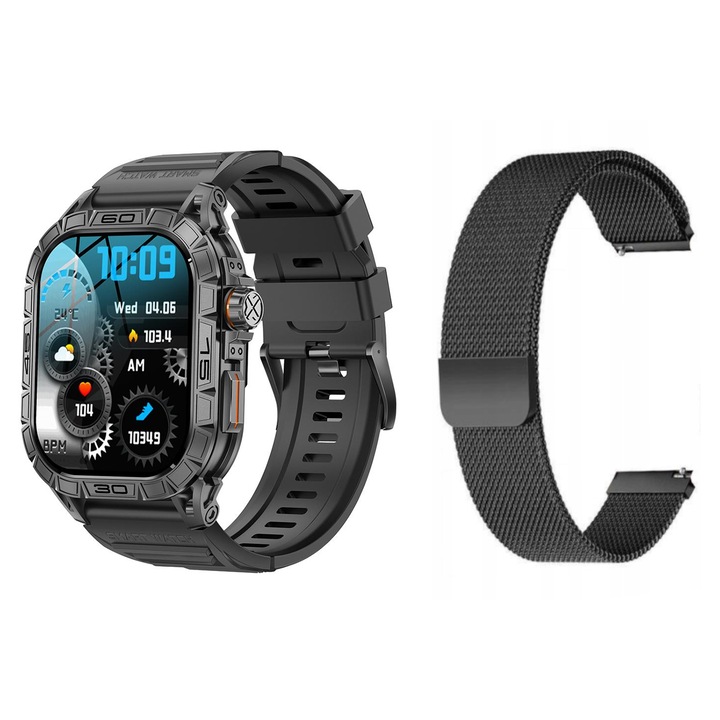 Ceas smartwatch GlacierX Lhotse Black + bratara de plasa, Notificari/Sms/Social Media, monitorizare activitati fizice, somn, ritm cardiac, pedometru, player muzica, rezistent la apa, negru
