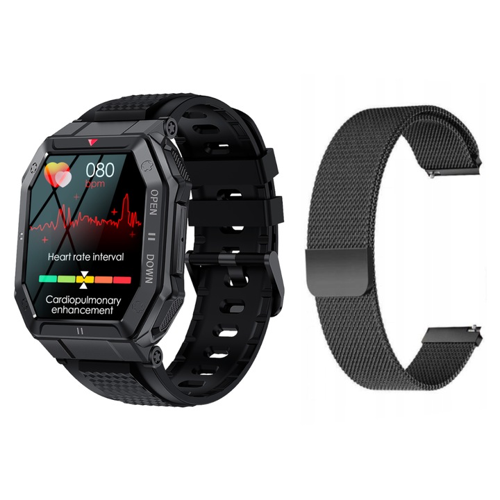 Ceas smartwatch GlacierX Trail Black + bratara de plasa, Notificari/Sms/Social Media, monitorizare activitati fizice, somn, ritm cardiac, pedometru, player muzica, rezistent la apa, negru