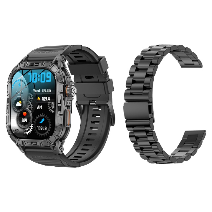 Ceas smartwatch GlacierX Lhotse Black + bratara din otel, Notificari/Sms/Social Media, monitorizare activitati fizice, somn, ritm cardiac, pedometru, player muzica, rezistent la apa, negru