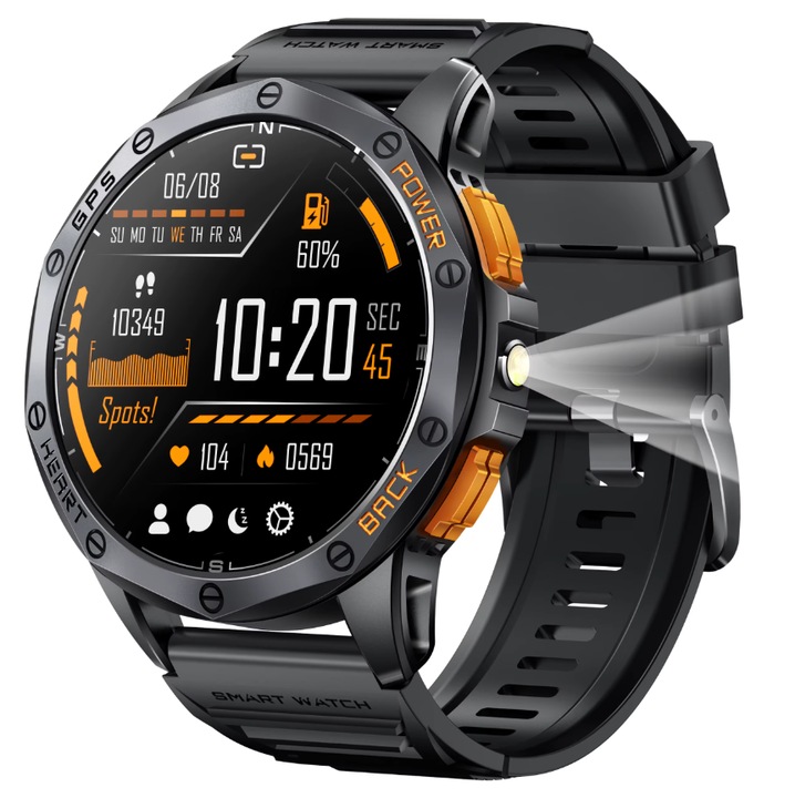 Ceas smartwatch GlacierX Deca Black, Notificari/Sms/Social Media, monitorizare activitati fizice, GPS, somn, ritm cardiac, pedometru, player muzica, rezistent la apa, negru