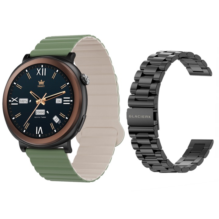 Ceas smartwatch GlacierX Theron Black + bratara din otel, Notificari/Sms/Social Media, monitorizare activitati fizice, GPS, somn, ritm cardiac, pedometru, player muzica, rezistent la apa, negru
