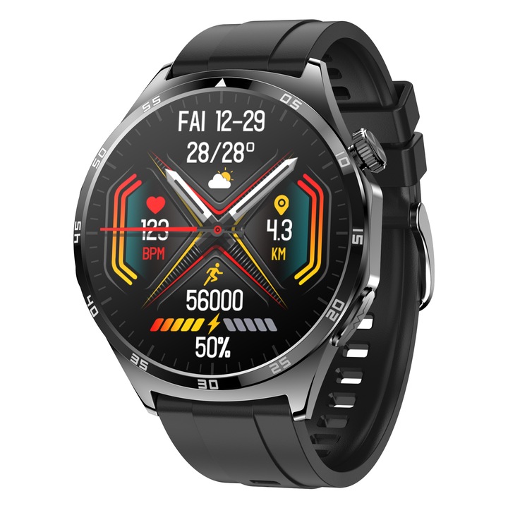 Ceas smartwatch GlacierX Vital, Notificari/Sms/Social Media, monitorizare activitati fizice, somn, ritm cardiac, pedometru, player muzica, rezistent la apa