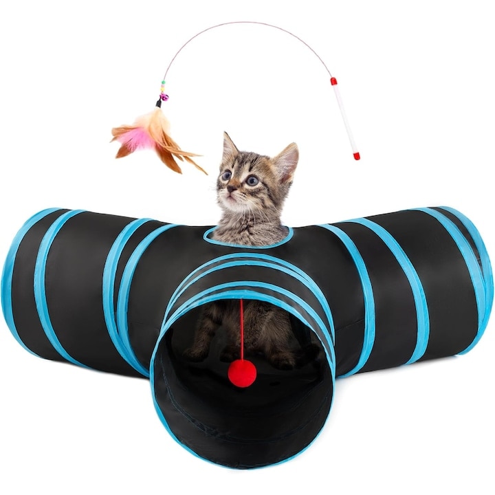Tunel pliabil pentru pisici Macvi®, 3 cai, cu clopotei, poliester rezistent, portabil, 28x28x5 cm, albastru