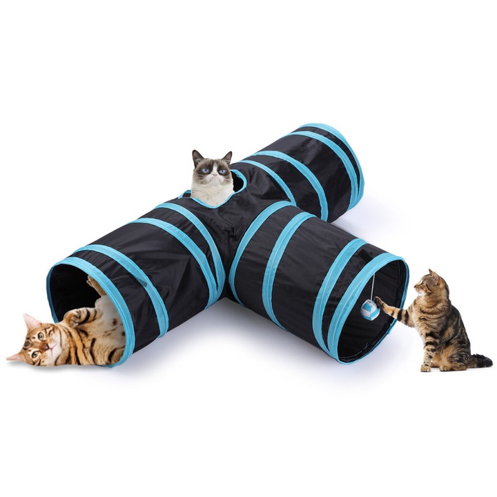 Tunel pliabil pentru pisici Macvi®, 3 cai, cu clopotei, poliester rezistent, portabil, 28x28x5 cm, albastru