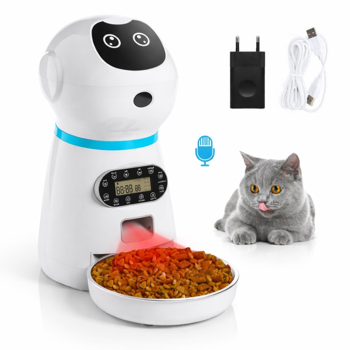 Hranitor automat Macvi® pentru caini si pisici, rezervor 3.5L, functie smart si programare, sunet hranire, distribuitor mancare uscata, usor de curatat