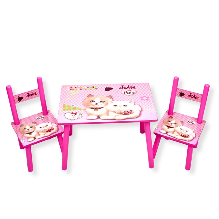 Комплект маса с 2 стола за деца, от MDF, размери 59x39x40 см, модел Котки, тъмнорозов цвят