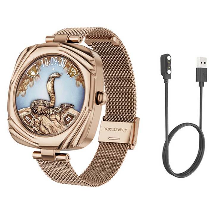 Ceas smartwatch dama, BSG TECH®, inteligent, AMOLED, fitness, sport, rezistent apa, functie smart numarat pasi, notificari, ecran 1.09", wireless, apelare Bluetooth 5.3, microfon HD, monitorizare somn, limba romana, 1 bratara inclusa, Gold
