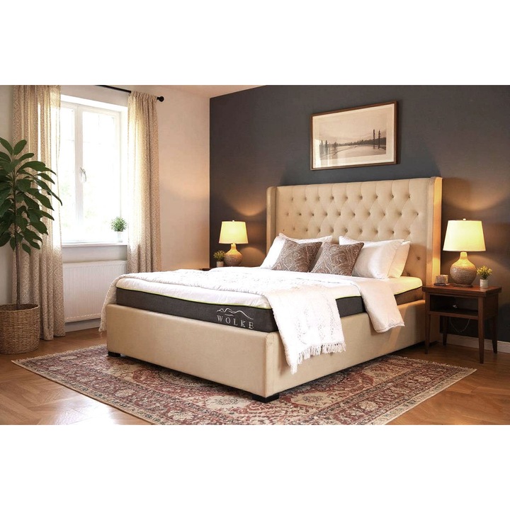 Pat Miraj 160x200 cm Tapitat Catifea Bej Somiera Inclusa ML1619 Marketmob