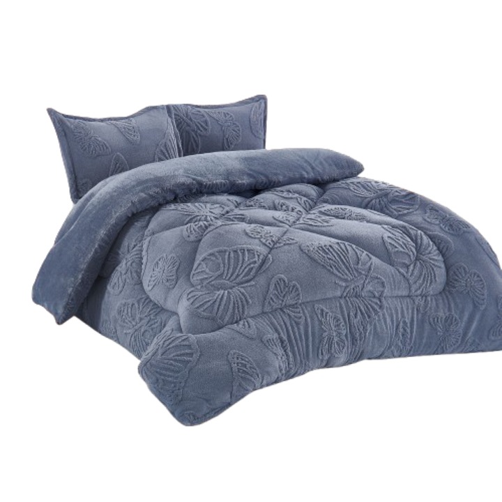 Pilota Imblanita si Fete de Perne, 3 Piese, Model 3D Fluturi, Microfibra, 200x230, Gri Albastrui