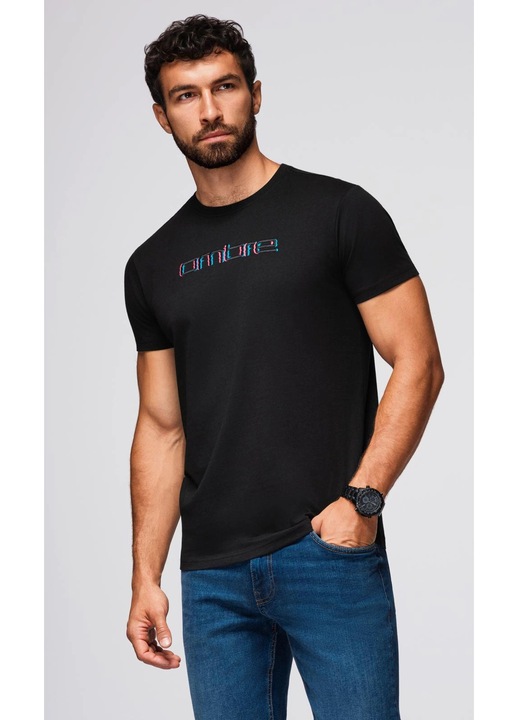 Tricou cu broderie pe piept OMBRE OM-TSPT-0248, Negru, S