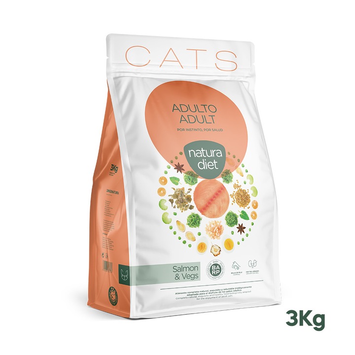 Hrana Pisici Natura Diet Adult Salmon & Vegs, Somon, Pui si Legume 3kg, Pentru Pisici Adulte