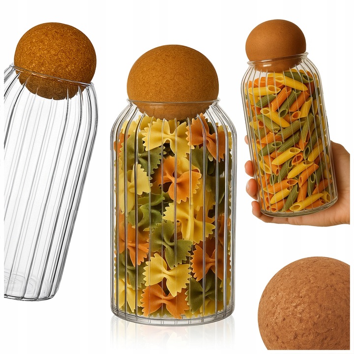 Recipient de Sticla, De Sticla, Bila Sferica Naturala Din Pluta, Compatibil Cu Cuptorul Cu Microunde, Compatibil Cu Frigiderul, Sticla Striata, Rezistenta La Temperatura, 21 x 8.8 cm, Transparent, 870 ml