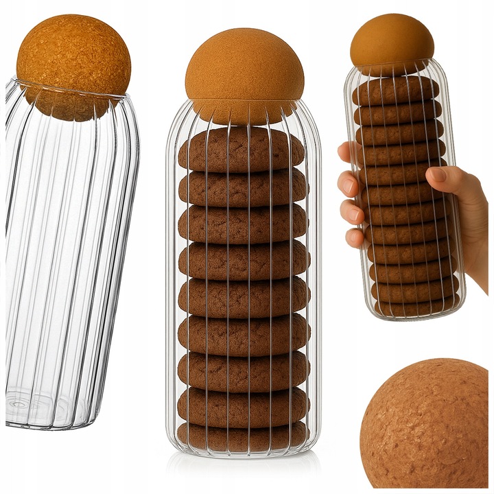 Üveg edény, 1.4 l, Természetes gömb alakú dugó, Mikrohullámú sütővel kompatibilis, Hűtőszekrénnyel kompatibilis, Hőálló, 29.5 x 8.8 cm, Átlátszó