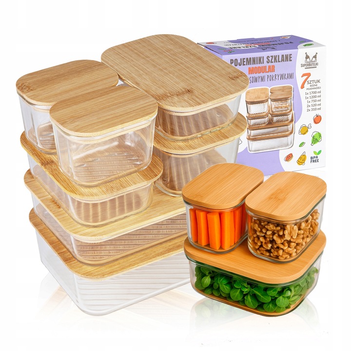 Set Recipiente De Sticla Cu Capace De Bambus, Pot fi Spalate in Masina de Spalat Vase, Rezistente La Temperaturi Pana La 120 °C Fara Capac,26.5 x 23.5 x 17 cm, Multicolore, 7 Buc