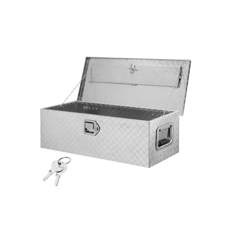 Nagy teherbírású alumínium szerszámosláda teherautó platóra, időjárásálló tároló, zárható, oldalsó fogantyúval, ezüst 30x13x9.6