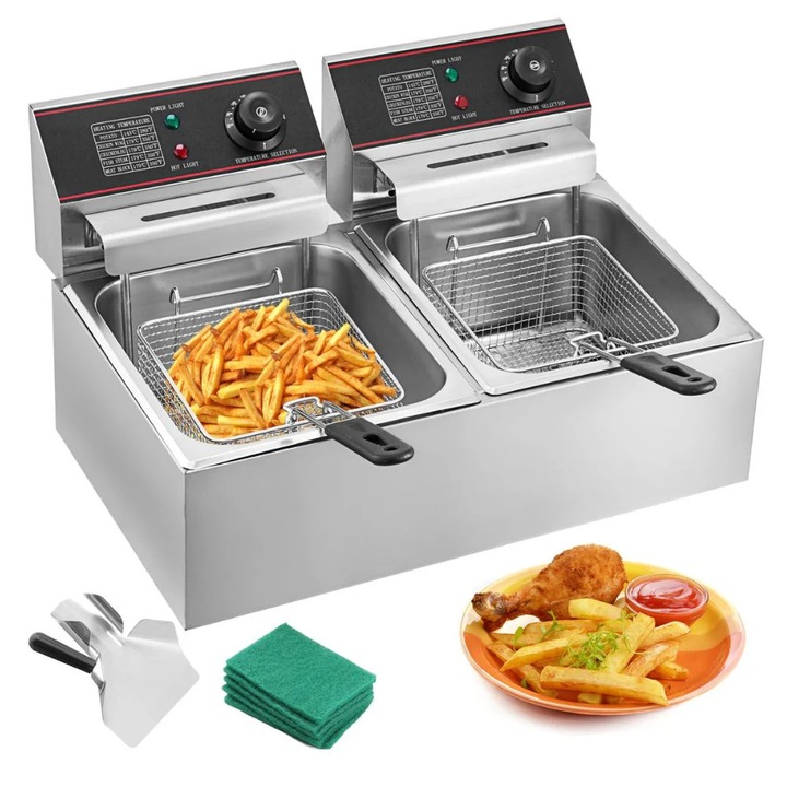 Friteuză electrică, capacitate 12L, rezervor dublu, 5000W, temperatură reglabilă, oțel inoxidabil, negru