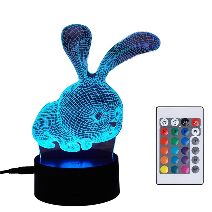 Lampa de Veghe 3D cu LED RGB, VisZone, Veioza pentru Camera, Model Iepuras, 16 Culori, Control prin Telecomanda/Buton, Alimentare USB/Baterii