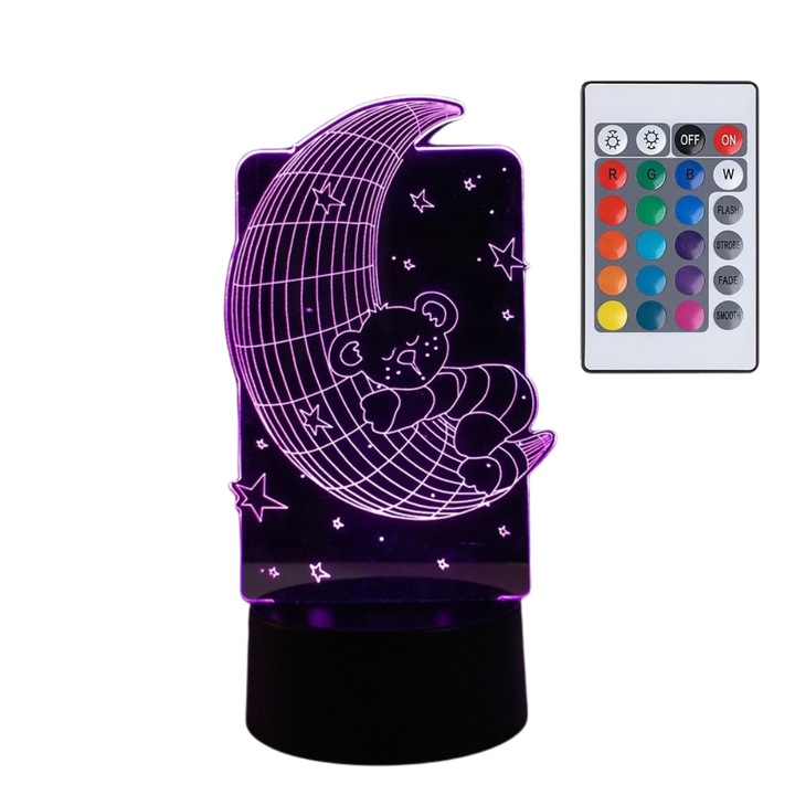 Lampa de Veghe 3D cu LED RGB, VisZone, Veioza pentru Camera, Model Luna, 16 Culori, Control prin Telecomanda/Buton, Alimentare USB/Baterii