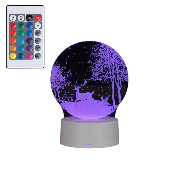 Lampa de Veghe 3D cu LED RGB, VisZone, Veioza pentru Camera, Model Ren, 16 Culori, Control prin Telecomanda/Buton, Alimentare USB/Baterii