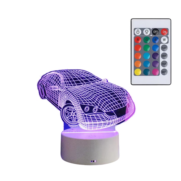 Lampa de Veghe 3D cu LED RGB, VisZone, Veioza pentru Camera, Model Masina, 16 Culori, Control prin Telecomanda/Buton, Alimentare USB/Baterii