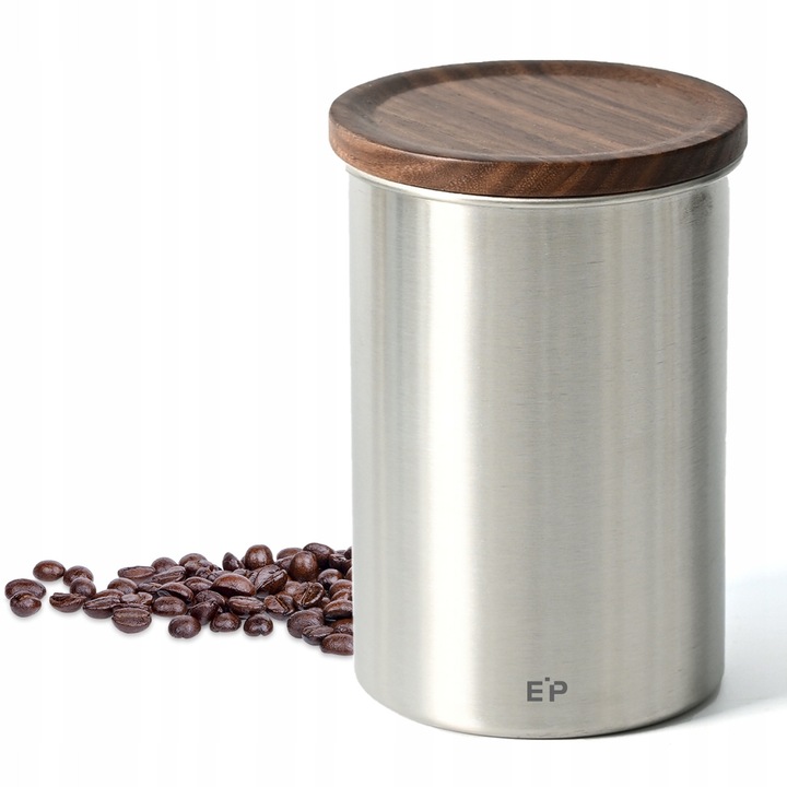 Recipient de bucătărie Epsence din oțel inoxidabil, capacitate 0.6L, etanș, capac din lemn de nuc, pentru cafea, ceai, zahăr